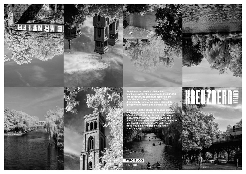 I have been fascinated with infrared film for a while now. In the summer of 2024, I decided to try my luck with the sunny weather and a tripod and go out around Kreuzberg taking some unique pictures. I was armed with my Mamiya C330 and a Rollei Infrared 400 film, and I loved the experience so much I had to write an article about it and make this zine.