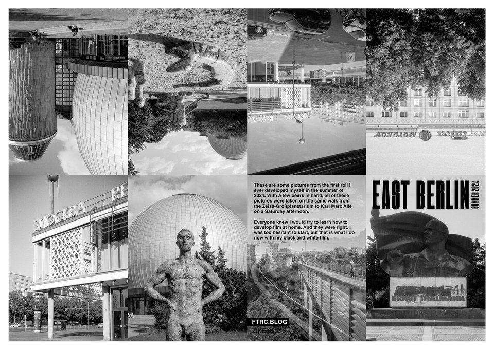 This zine comes with some pictures from the first roll I ever developed myself in the summer of 2024. All of these pictures were taken on a photowalk from the Zeiss-Großplanetarium to Karl Marx Allee on a Saturday afternoon.
