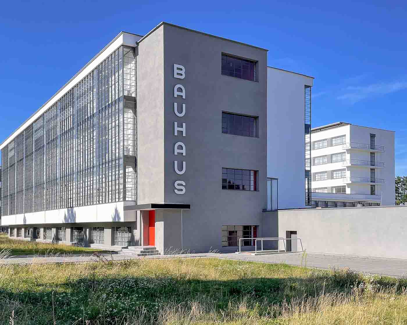 When I first visited the Bauhaus school in Dessau, one thing was missing: the Bauhaus sign that appears in most school images. That part of the building was covered with a tarp, and a replacement sign was in place. For years, I wondered when the original sign would be back in place, and I had an answer to that question in the summer of 2024.