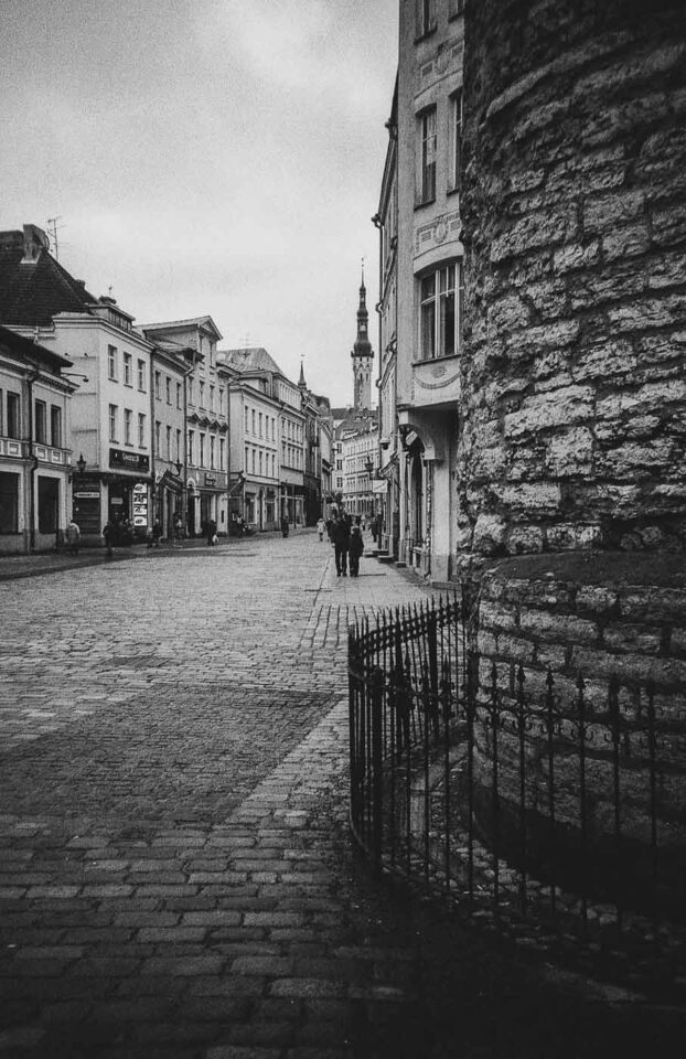 My Tallinn photo walk started at the Viru Gate, one of the last remaining parts of the city's historic wall. The gate's two towers loomed over me, providing a dramatic entrance to the Old Town. I loved how the black-and-white film emphasized the textures of the old stone.