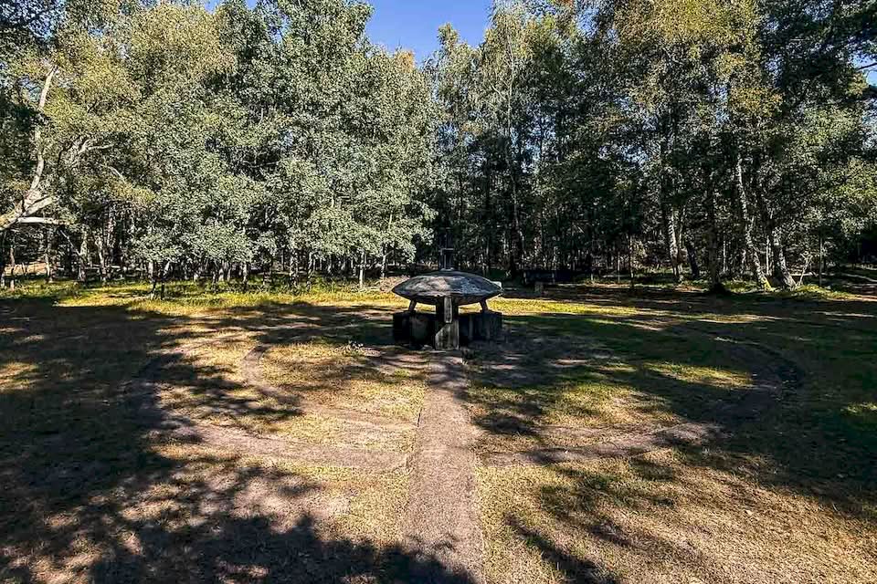I think I rode for 90 km or so when my GPS tracker told me that the UFO memorial was close by. I stepped into the forest and tried to spot it. After a few wrong paths and turns, I saw a clearing in the woods, and there it was: a concrete model of a flying saucer in the middle of nowhere. I was in the right place.