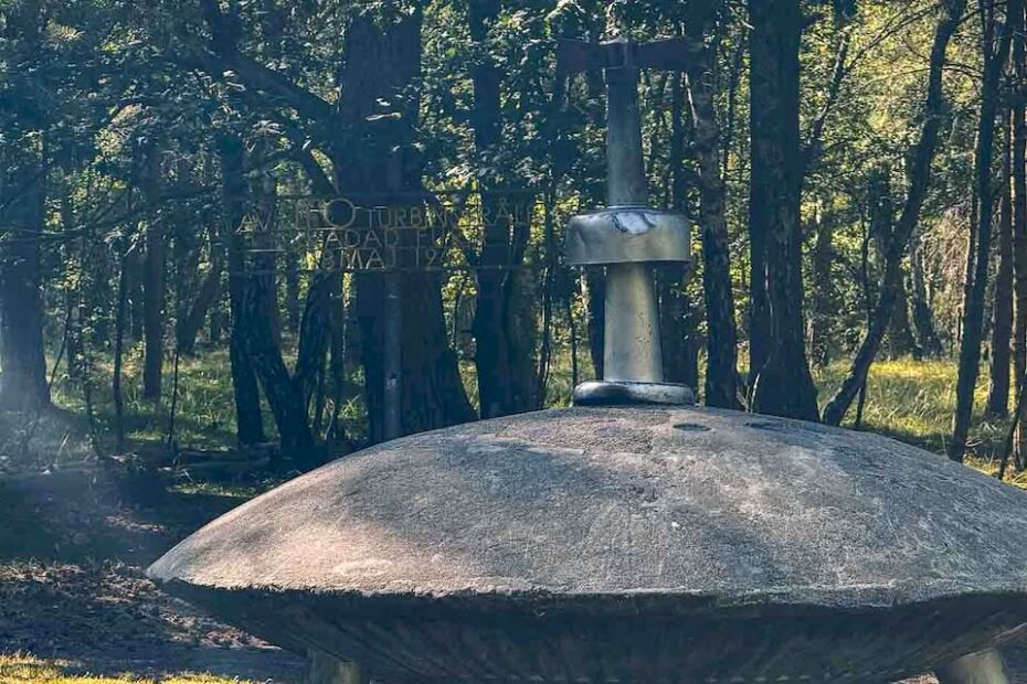 I think I rode for 90 km or so when my GPS tracker told me that the UFO memorial was close by. I stepped into the forest and tried to spot it. After a few wrong paths and turns, I saw a clearing in the woods, and there it was: a concrete model of a flying saucer in the middle of nowhere. I was in the right place.